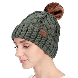 Rosoz Ponytail Beanie for Women,Winter Warm Beanie Tail Soft Stretch Cable Knit Messy High Bun Hat