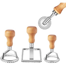 Ravioli Stamp Maker Cutter with Roller Wheel Set, Mold with Wooden Handle and Fluted Edge, Pasta Press Kitchen Attachment (3 Set) (3 Set with Cutter)