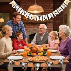 Fall Party Decorations Thanksgiving Banner Set with Give Thanks Letters, Black and White Buffalo Check Bunting, Fall Pumpkin and Maple Leaf Garland Rustic Thanksgiving Party