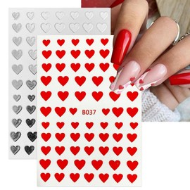ROFIBUT Pegatinas de corazón para decoración de uñas, brillantes, autoadhesivas, 3D, para San Valentín, con purpurina, en rojo, blanco, plateado y negro, para decoración de uñas acrílicas, 10 hojas