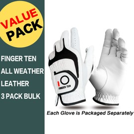 FINGER TEN Mens All Weather Cabretta Synthetic Leather Natural Fit Velcro Durable Left Hand Lh Right Hand Rh Golf Glove Value 3 Pack (3 Pack-Worn on Right Hand, Large)