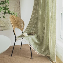 Sutuo Home Boho Curtains for Living Room Farmhouse, Semi-Blackout French Country Striped Linen Vintage Shabby Chic Tassels Hollow Window Treatment Bohemian Drape, 1 Panel 52" W x 90" L Green