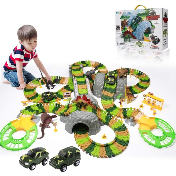 TEMI 348PCS Dinosaur Train Toys for Kids 3 4 5 6 7 Years, Longer Track, 6 Realistic Jurassic Dino Figures, 2 Electric Toy Car, Twisted Flexible Train Track Set for Toddlers, Boys & Girls