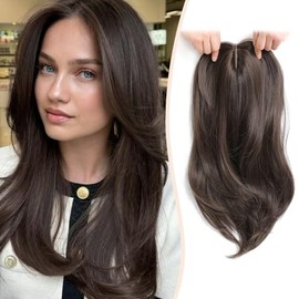Pelucas de pelo largo ondulado de 18 pulgadas con base grande, para adelgazar, con clip, para mujeres, de fibra, con flequillo, color marrón oscuro