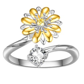 KINGWHYTE Daisy Rings 925 Sterling Silver Daisy Flower Rings with Cubic Zirconia Adjustable Daisy Open Rings Birthday Christmas Jewellry Gifts for Girls Women