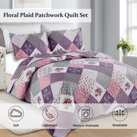 Dinjoy Purple Quilt Set Full Size, Reversible Floral Plaid Patchwork Pattern Bedding Set Soft Microfiber Lightweight Bedspread 3 Piece Spring Summer Fall Use (78x90 inches)
