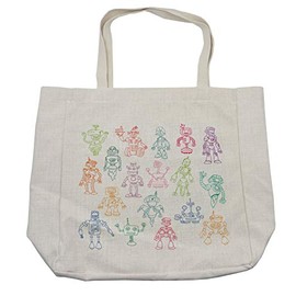 Ambesonne Cartoon Shopping Bag, Drawings of Various Robots Performing a Number of Tasks Radar Waiter Guard Cleaner, Eco-Friendly Reusable Bag for Groceries Beach and More, 15.5" X 14.5", Multicolor