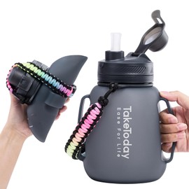 TakeToday Botellas de agua plegables de 40 onzas, botella de agua motivacional con popote y mango de paracaídas, jarra de agua deportiva de silicona con tiempos a prueba de fugas, botella de agua grande para yoga, camping al aire última intervensión