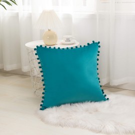 Elegant Comfort POM-POMS Fringe Velvet Cushion Covers Set of 2, Velvet Soft Solid Decorative Square Throw Pillow Covers Set Cushion Case for Couch Bed, Livingroom 18 x 18 Inch (45 x 45 cm), Turquoise