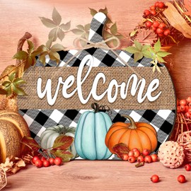 Geetery Vintage Fall Wooden Table Decoration Fall Welcome Table Centerpieces Plaid Pumpkin Signs for Table Fall Autumn Thanksgiving Decoration for Home Table Decoration