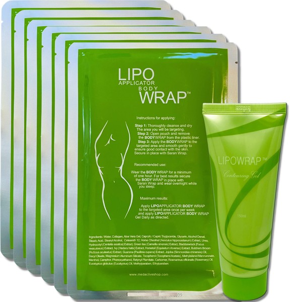 lipo applicator Tummy Body Wrap With Guarana, Green Tea, and Seaweed Wraps Works For Stomach Belly Legs Arms Abdomen. 6 Body Wraps + Defining Gel