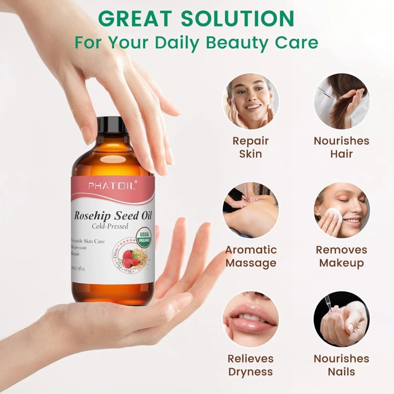 Pure Organic Rosehip Seed Oil for Face 4oz/118ml, USDA Certified