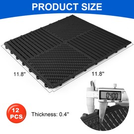 MYFAMIREA Modular Interlocking Cushion 12 Pack 11.8" x 11.8" Rubber Floor Tiles Non-Slip Splicing Drainage Mats for Deck, Pool, Shower, Patio, Balcony, Bathroom, Kitchen, Yard (2 Rows Dots, Black)