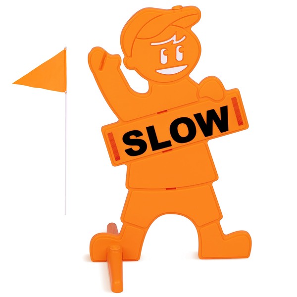 GoSports Slow Down Man! Street Safety Sign - Double-Sided High Visibility Kids at Play Signage for Neighborhoods with Flag