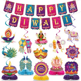 Diwali Decorations for Home Include Happy Diwali Banners Hanging Swirls Honeycomb Centerpieces Indian Deepavali Festival Theme Party Supplies