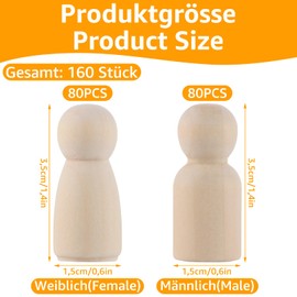 Oungy Pack of 160 Wooden Figures for Painting, 35 mm Wooden Toy Figures, Wooden Cone for Crafts, Unfinished Figures for Painting, Blank Wooden Figures for DIY Painting and Crafts (2 Shapes)