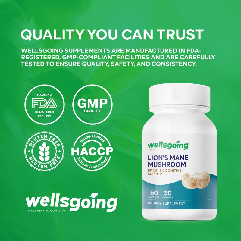 Wellsgoing Lion's Mane Mushroom 1000 mg | Fruiting Body Mushroom