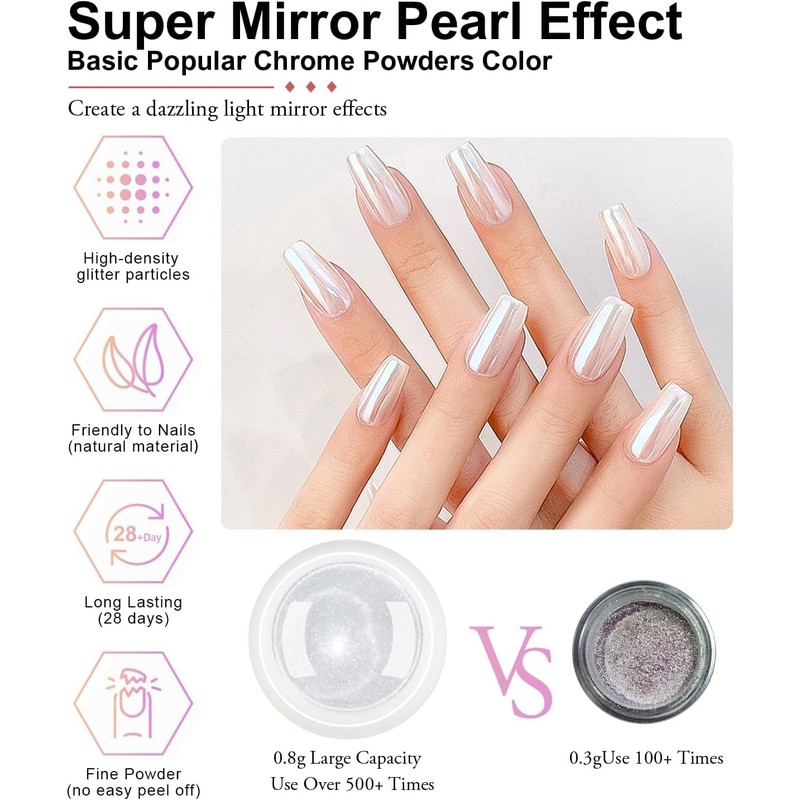 4 Boxes White Pearl Chrome Nail Powder - BISHENGYF Glazed