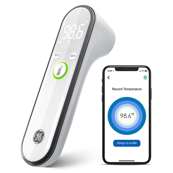 GE Truvitals Wireless Digital Forehead Thermometer for Adults, Kids and Babies, No Touch 2-in-1 Instant Reading, Infrared Bluetooth Temperature Scanner, LCD Screen, Fever Alert & Tracking App (TM4000)