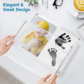 Baby Footprint Hand print Ink Kit For Newborn Keepsake w/ Magnetic Acrylic Picture Frame Set - Inkless Footprints For Babyshower Gift - Infant Photo Keepsake Ink Pad Gifts For New Parents Baby Girl