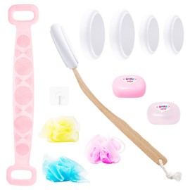 Neikafan Rücken Eincremehilfe Set 12 Stück Duschbürste für Rücken Rückeneincremhilfe Rückeneincremer Rückenbürste mit Langem Stiel Silikon Rückenschrubber 4 Austauschbare Bürstenköpfe Duschschwamm
