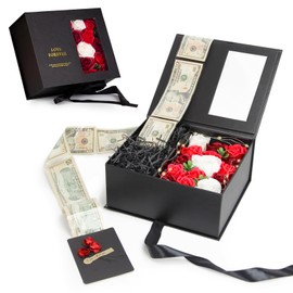 Money Pull Box for Cash Gift - Luxury Money Pull Out Flower Gift Box with Lid Flower and Ribbon, Unique Birthday Gift Box for Wife, Girlfriend, Mother, Friend