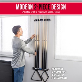 GoSports Wall Mounted Pool Cue Stick Holder - Holds 6 Cues and 2 Triangle Racks - Multiple Colors Available