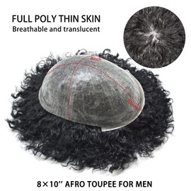 Generic- Afro Toupee para hombres negros, sistema de reemplazo de cabello humano afro ondulado con inyección de poliuretano de piel de poliéster completa para hombres, unidades de cabello afro rizado