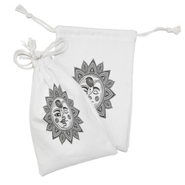 Lunarable Sun and Moon Fabric Pouch Set of 2, Mandala Inspired Bohemian Tattoo Style Eclipse Folkloric, Small Drawstring Bag for Toiletries Masks and Favors, 9" x 6", Black and White
