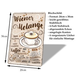 helges-shop Wiener Melange Tin Sign - Retro Decorative Coffee Espresso Sign - Metal Sign for Decorating Kitchen Coffee Shop American Diner Cafe Bistro - Instructions Recipe Preparation - 20 x 30 cm