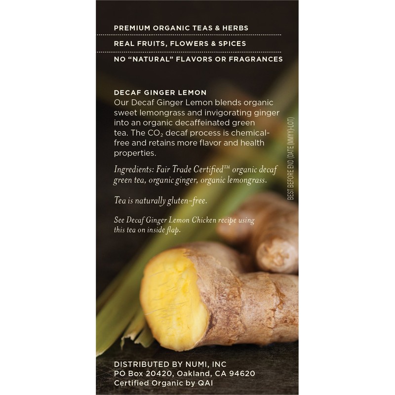 Numi Organic Tea Decaf Ginger Lemon, 16 Count Box of