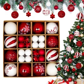 44 PCS Xmas Ball Decorations Sparkling Xmas Baubles Balls,Shatterproof Hanging Xmas Ball Ornaments Festive Hanging Baubles for Xmas Trees Wreaths Xmas Parties (Red and white)