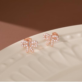 SLUYNZ 925 Sterling Silver CZ Bow Stud Earrings for Women Teens Small Bowknot Stud Earrings (C-ROSE GOLD)