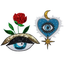 Qusmeiyici 2pcs Sequin Moon Eye/Rose Eye Embroidered Applique Patches,Sew on Patches for Clothing Jeans T-Shirt Hoodies Craft Sew Making