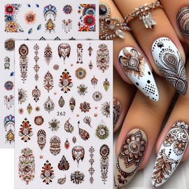 OHWODA Bohemian Nail Art Stickers 3D Self Adhesive Vintage Totem Nail Decals with Colorful Feather Flower Butterfly Dream Catcher Pattern Designs for Women Girls Manicure Tips Decorations, 6Pcs/Set