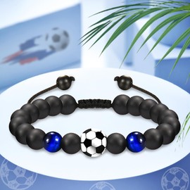Football Bracelet, Football Bracelet Gifts with Card, Natural Stone 3D Football Bracelet, Pearl Bracelet Men for Son Teen Boys Man Fortnite School Child Birthday Holiday Football Gifts, Stone