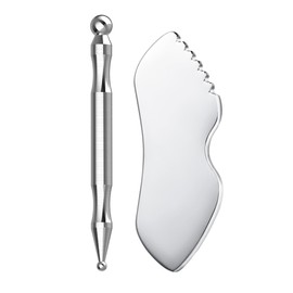 Acupuncture Pen and Stainless Steel Gua Sha Set, Manual Reflexology Metal Acupressure Pen Facial Eye Massager Lymphatic Drainage Tools for Face Neck Muscle (Silver1, Large-Transparent box)
