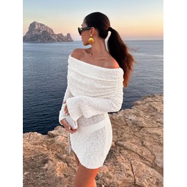 BreathSunny Womens Crochet Knit Long Sleeve Swimsuit Coverup Summer 2025 Off The Shoulder Sheer Mesh Swimwear Coverups Beach Swim Bikini Bathing Suit Cover Up Dress for Women Cover Ups White L