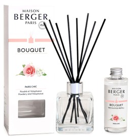 MAISON BERGER - Reed Diffuser Clear Glass Scented Bouquet - 8 Black Reed Sticks (8.3 inches) - Includes 100 Milliliters (3.4 Fluid Ounces) Fragrance Refill (Paris Chic)