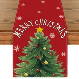 Artoid Mode Red Xmas Pine Snowflake Merry Christmas Table Runner, Seasonal Winter Kitchen Dining Table Decoration for Home Party Decor 13x72 Inch