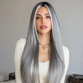 Smilco 2025 New Technology Small Lace Gray Gradient Highlights Cornstarch Long Roll Realistic Chemical Fiber Headgear Wig 	SM004-2color: futura Japanese silk, Stretched Length: 28"
