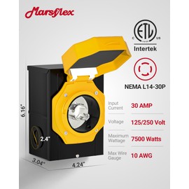 Marsflex 30 Amp Generator Inlet Box, Pre-Drilling NEMA L14-30P Power Inlet Box for 125/250 Volt, 7500 Watts Generator Power Inlet Box, Weatherproof Outdoor Use with LED Power Indicator, ETL Listed