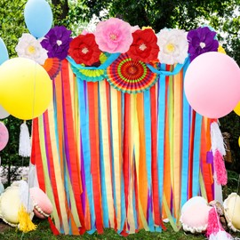 Auihiay 18PCS Mexican Fiesta Birthday Party Decoration, Cinco de Mayo Decorations with Paper Fans, Crepe Paper Flowers, Colored Streamers for Birthday, Wedding, Cinco De Mayo, Taco Party Decor