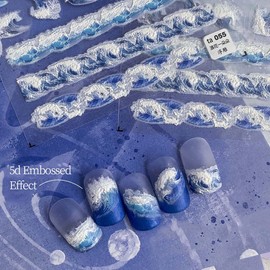Wave Nail Stickers Summer Nail Art Decals 5D Embossed Stickers for Nails Designs Self Adhesive Nail Art Supplies & Decorations for Women Girls 1 Sheet