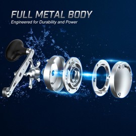 Piscifun Chaos XS Baitcasting Fishing Reel, Reinforced Metal Body Round Baitcaster Reel, Smooth Powerful Saltwater Inshore Surf Trolling Reel, Conventional Reel for Catfish (Black 60 Left Handed)