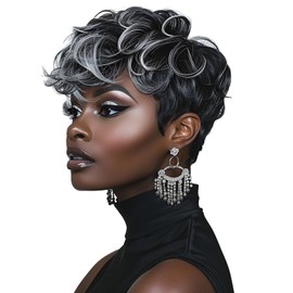 6" Short Pixie Wigs for Black Women Natural Hair Wigs Pixie Cut Natural Wig Grey Hair Curly Wig for Black Women Short Synthetic Wig for Black Woman Ombre Grey
