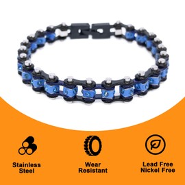 Dream Apparel Stainless Steel Bike Chain Motorcycle Chain Bracelet for Women Men, Heavy Metal Biker Bracelet with Crystal Rhinestone, Bicycle Link Chain Bracelet, Black & Blue Chain and Blue Bead, S