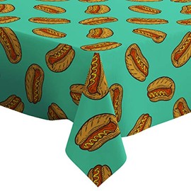 Q-Beans Rectangle Oblong Decorative Tablecloth [Size: 60 x 90 inch], Washable and Reusable Table Cloth Cover for Indoor and Outdoor (Hot Dog Sausage Fast Food)