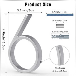 VONDERSO 5 Inch Floating House Numbers and Letters for Outside, Modern Metal Address Number 6, with Weather Resistant Silver Powder Coating, No Fading (Glossy Silver)