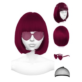 PLANTURECO Dark Red Wig and Party Sunglasses, Color Bob Wig, Cosplay Wigs and Party Wigs, Rainbow Wig with Neon Glasses Wigs for Women - Bachelorette Party Wigs Decorations Favors (Wine Red)